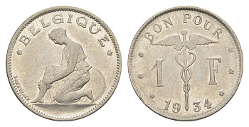 Бельгия 1 франк 1934 Belgique, Альберт I (1909-1934) KM 89 никель 4619-1042
