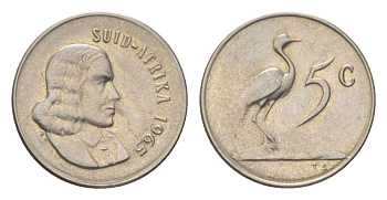ЮАР 5 центов 1965 Ян ван Рибек (1619-1677), Suid Africa, легенда на африкаанс, райский журавль KM 67.2 никель 4627-211