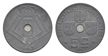 Бельгия 5 сантимов 1943 Belgique - Belgie, Леопольд III (1934-1947), германская оккупация, Вторая мировая война KM 123 цинк 4640-1141