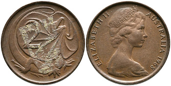 АВСТРАЛИЯ 2 ЦЕНТА 1968 ЕЛИЗАВЕТА II (1952-), ПЛАЩЕНОСНАЯ ЯЩЕРИЦА KM 63 бронза 3336-744