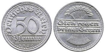 ГЕРМАНИЯ 50 ПФЕННИГОВ 1920 А KM 27, J. 301 алюминий 4380-542