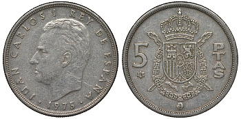 Испания 5 песет 1975 (78) Хуан Карлос I (1975-2014) KM 807 медно-никель 4128-1012