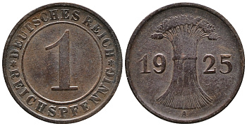 ГЕРМАНИЯ 1 РЕЙХСПФЕННИГ 1925 A KM 37, J. 313 бронза 39-913