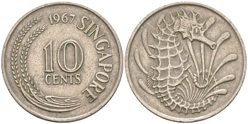 Сингапур 10 центов 1967 морской конек KM 3 медно-никель 187-455