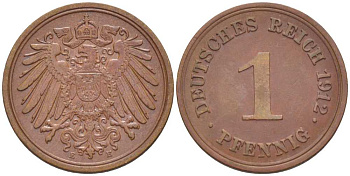 ГЕРМАНИЯ 1 ПФЕННИГ 1912 E KM 10, J. 10, Weege 2 медь 211-459