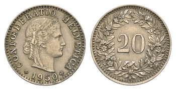 Швейцария 20 раппенов 1950 B KM 29a медно-никель 4547-246