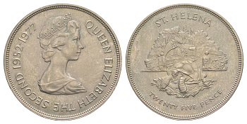 Остров Святой Елены 25 пенсов 1977 Гигантская черепаха, 25 лет правлению Королевы Елизаветы II KM 6 медно-никель BU 4537-915