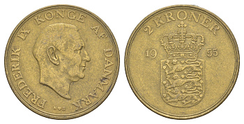 Дания 2 кроны 1955 N, Фредерик IX (1947-1972) KM 838 алюминиевая бронза 4653-524