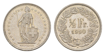 Швейцария 1/2 франка 1990 KM 23a медно-никель aUNC 4632-511