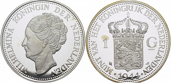 НИДЕРЛАНДЫ МЕДАЛЬ ND КЮРАСАО 1 ГУЛЬДЕН 1944, КОРОЛЕВА ВИЛЬГЕЛЬМИНА, РЕПЛИКА серебро PROOF 00-000-00