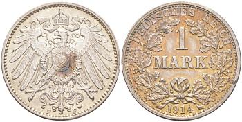 Германия 1 марка 1914 F KM , Weege 18, J.17 серебро 4182-1046