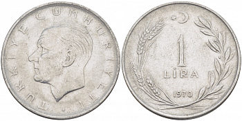 Турция 1 лира 1970 Мустафа Кемаль Ататюрк KM 889а.2 нержавеющая сталь 212-1232