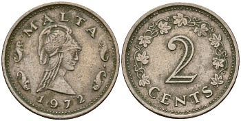 Мальта 2 цента 1972 Пентесилея, царица амазонок KM 9 медь цинк 4154-643