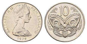 Новая Зеландия 10 центов 1979 Елизавета II (1952-2022), маска маори KM 41 медно-никель UNC 4675-211