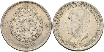 Швеция 1 крона 1945 G, Густав V (1907-1950) KM 814 серебро 4148-1024