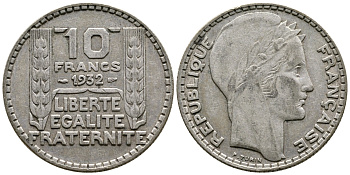 Франция 10 франков 1932 Пьер Тюрен KM 878, Le Franc 360.5 серебро 36-125