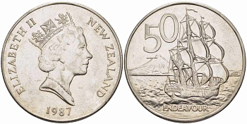 Новая Зеландия 50 центов 1987 Елизавета II (1952-2022), парусник Индевор KM 63 медно-никель 4557-333