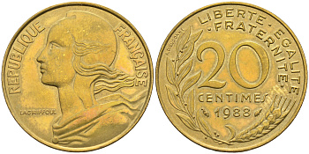 Франция 20 сантимов 1988 тип Marianne KM 930 медь алюминий никель    4177-133