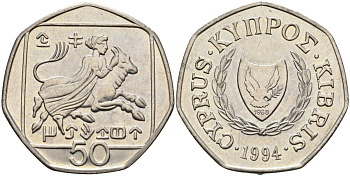 Кипр 50 центов 1994 похищение Европы KM 66 медно-никель 4141-1234