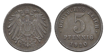 Германия 5 пфеннигов 1920 J KM 19, J. 297 железо плакированное цинком 4644-1123