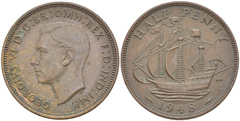 Великобритания 1/2 пенни 1948 Георг VI (1936-1952) KM 844, Spink 4115 бронза 83-1331