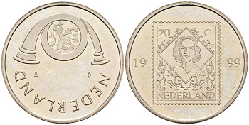 Нидерланды жетон 1999 20 центов, почтовая марка, диаметр 30 мм. белый металл UNC 81-232