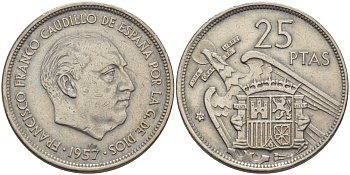 ИСПАНИЯ 25 ПЕСЕТ 1957 (70) ФРАНСИСКО ФРАНКО ДИКТАТОР ИСПАНИИ (1939-1975) KM 787 медно-никель 67-923