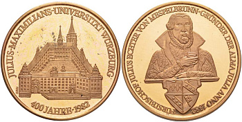 Германия медаль 1982 400 Ллет университета Юлиуса Максимилиана в Вюрцбурге, диаметр 40 мм.  цветной металл    1519-1232