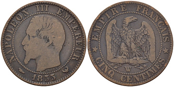 ФРАНЦИЯ 5 САНТИМОВ 1855 W, НАПОЛЕОН III (1852-1870) KM 777.7, LA FRANC 116.28 бронза 28-656