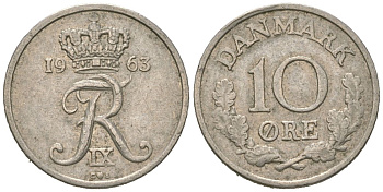Дания 10 эре 1963 KM 849 медно-никель 4621-362
