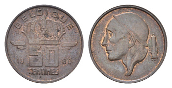 Бельгия 50 сантимов 1980 Belgique, Бодуэн I (1951-1993) KM 148 бронза 4705-229