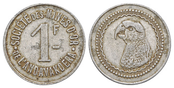Мадагаскар торговый жетон 1 франк ND (1920) Компания по добыче золота Andavako?ra KM Tn3 алюминий 00-810-20