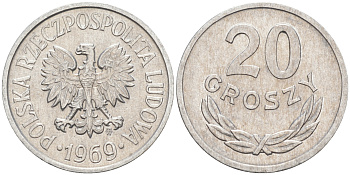 ПОЛЬША 20 ГРОШЕЙ 1969 MW KM A47 алюминий XF-UNC 190-144