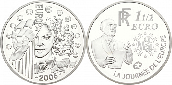 Франция 1 1/2 евро 2006 Декларация Шумана, день Европы 9 мая 1950 года KM 2037 серебро PROOF 02-012-34