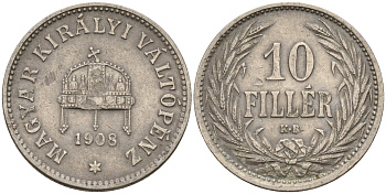 Венгрия 10 филлеров 1908 KB, Франц Иосиф I (1848-1916) KM 482 никель 4151-1069
