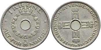 НОРВЕГИЯ 1 КРОНА 1939 KM 385 медно-никель 93-645