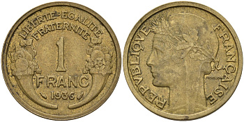 Франция 1 франк 1936 KM 885, Le Franc 219.2 алюминиевая бронза 4142-834