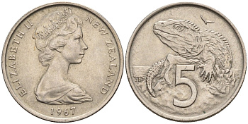 Новая Зеландия 5 центов 1967 Елизавета II (1952-2022), ящерица гаттерия KM 34.1 медно-никель 4541-443