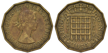 Великобритания 3 пенса 1959 Елизавета II (1952-2022) KM 900, Spink 4153 никель латунь 4128-837