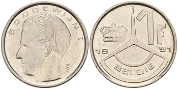 Бельгия 1 франк 1991 Belgie, Бодуэн I (1951-1993) KM 170 нержавеющая сталь 4596-849