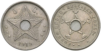 Бельгийское Конго 5 сантимов 1919 звезда KM 17 медно-никель 4549-1129