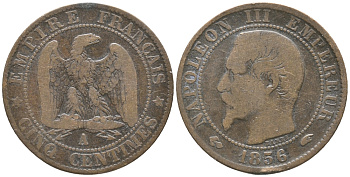 ФРАНЦИЯ 5 САНТИМОВ 1856 А, НАПОЛЕОН III (1852-1870) KM 777.1, LA FRANC 116.30 бронза 34-422