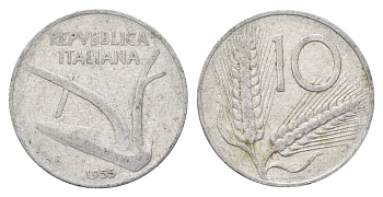 Италия 10 лир 1955 R, плуг, колосья KM 93 алюминий 4704-534