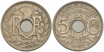 ФРАНЦИЯ 5 САНТИМОВ 1920 ТИП ЛИНДАЙЁ KM 865, LE FRANC 121.4 медно-никель 4379-1315