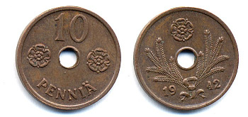 ФИНЛЯНДИЯ 10 ПЕННИ 1942 KM 33.1 медь 51-4942