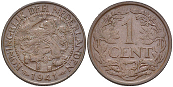 НИДЕРЛАНДЫ 1 ЦЕНТ 1941 ВИЛЬГЕЛЬМИНА (1890-1948) KM 152 бронза 76-534