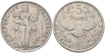 Французская Новая Каледония 5 франков 1991 птица кагу, (IEOM) KM 16, Schoen 12, Lec 79 алюминий 180-1231