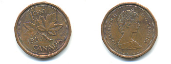 КАНАДА 1 ЦЕНТ 1984 ЕЛИЗАВЕТА II, КЛЕНОВЫЙ ЛИСТ KM 132 бронза 177-1414