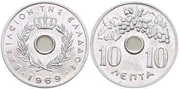 Греция 10 лепта 1969 Константин II (1964-1973), виноградная гроздь KM 78 алюминий UNC 4182-1055