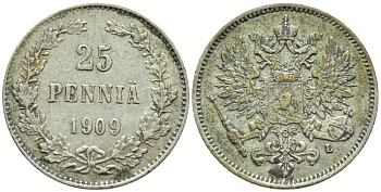 Россия для Финляндии 25 пенни 1909 L, Николай II (1894-1917) KM 6.2, Биткин 417 серебро 57-1165